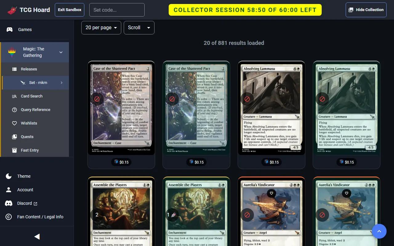 A set's card grid in TCG Hoard.