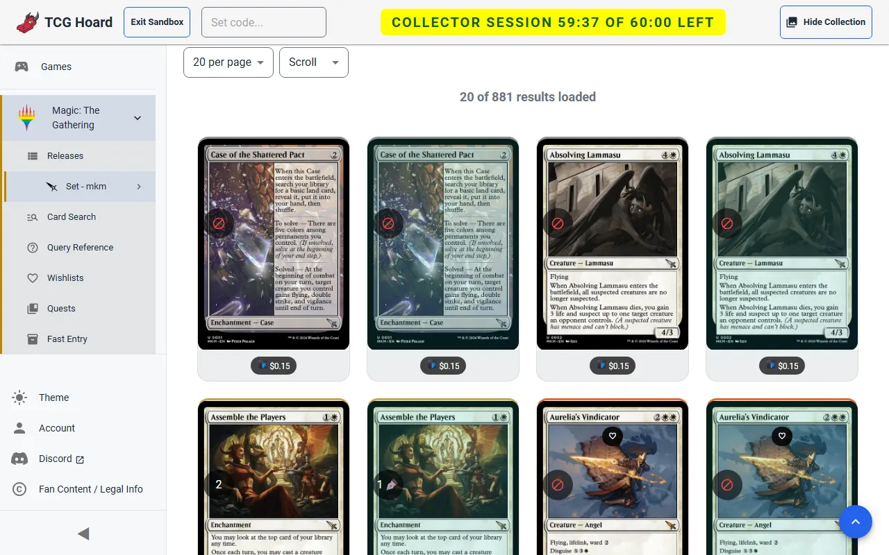 A set's card grid in TCG Hoard.