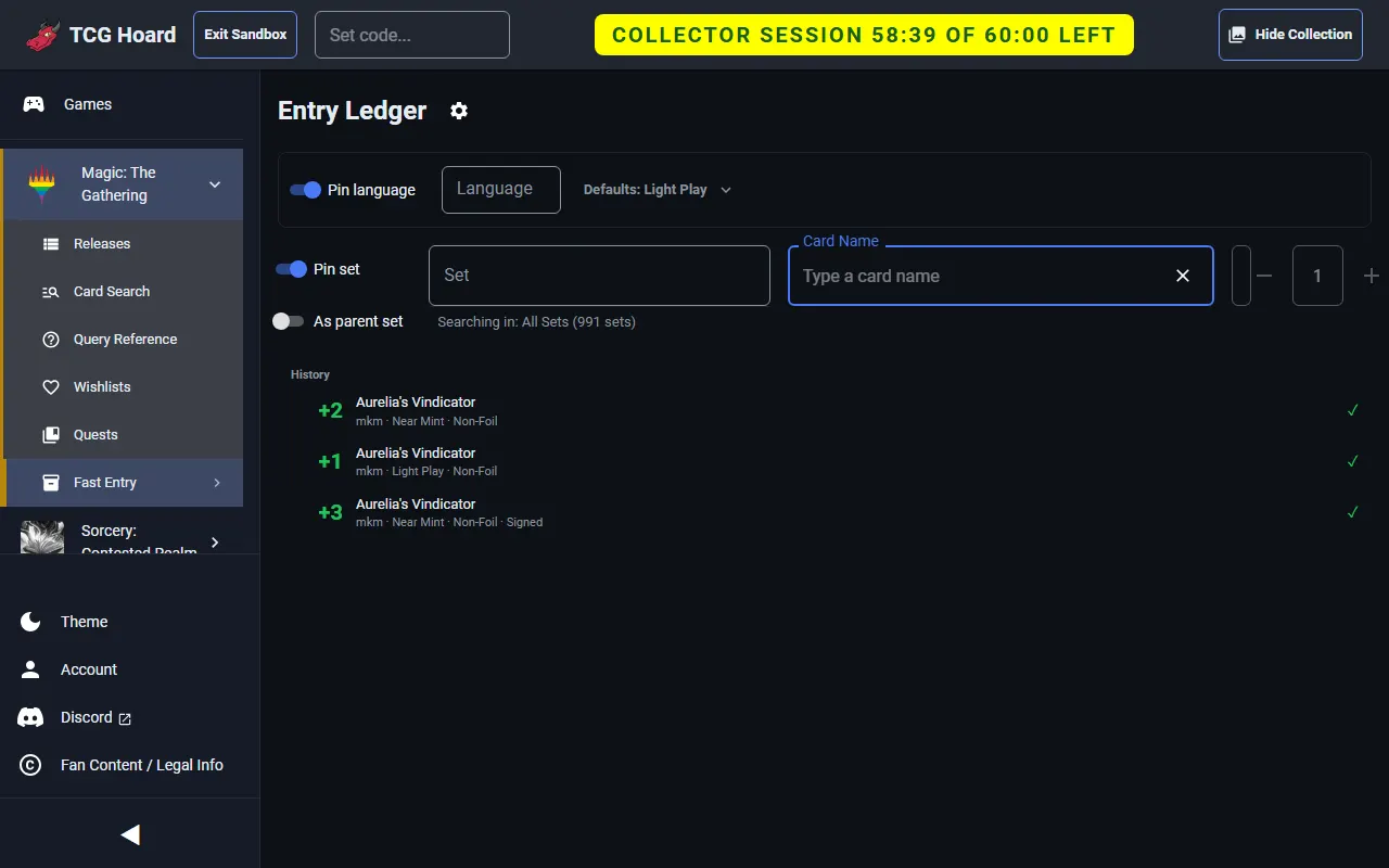 Fast Entry codes typed against a card.