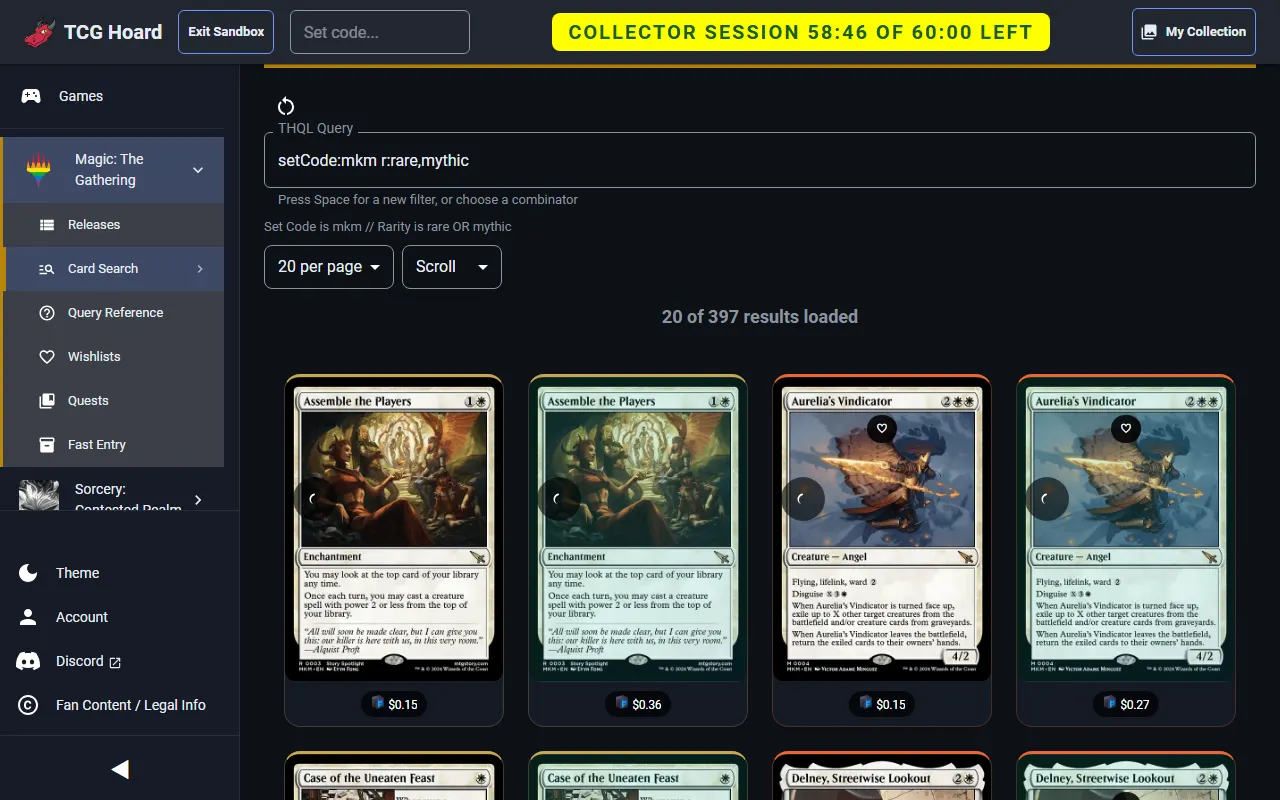 Card search results for a THQL query.