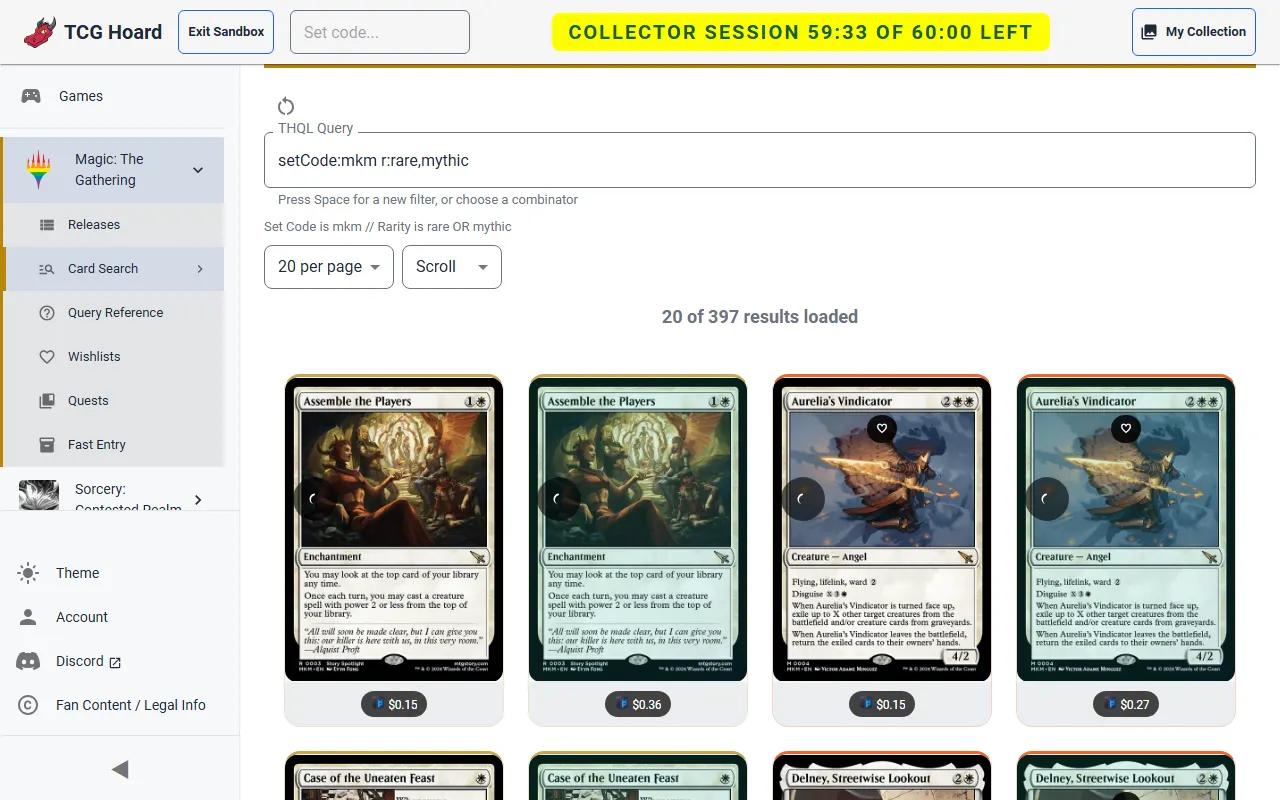 Card search results for a THQL query.